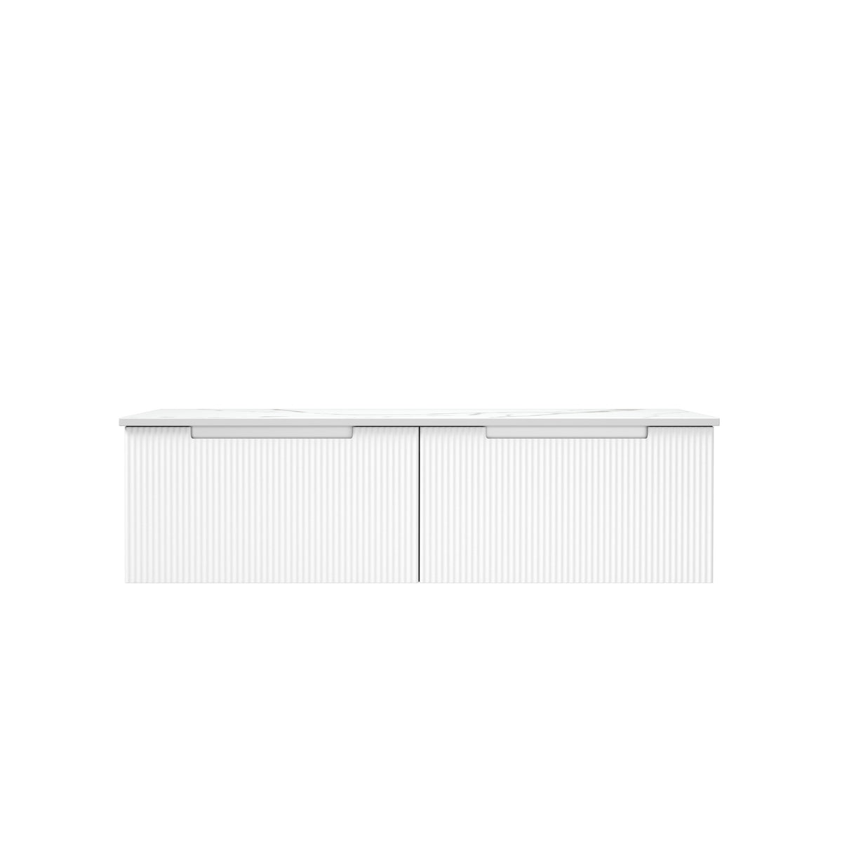 Aulic Perla Mark II wall hung vanity in white, front view with ribbed drawer fronts and flat stone top, 600mm wide