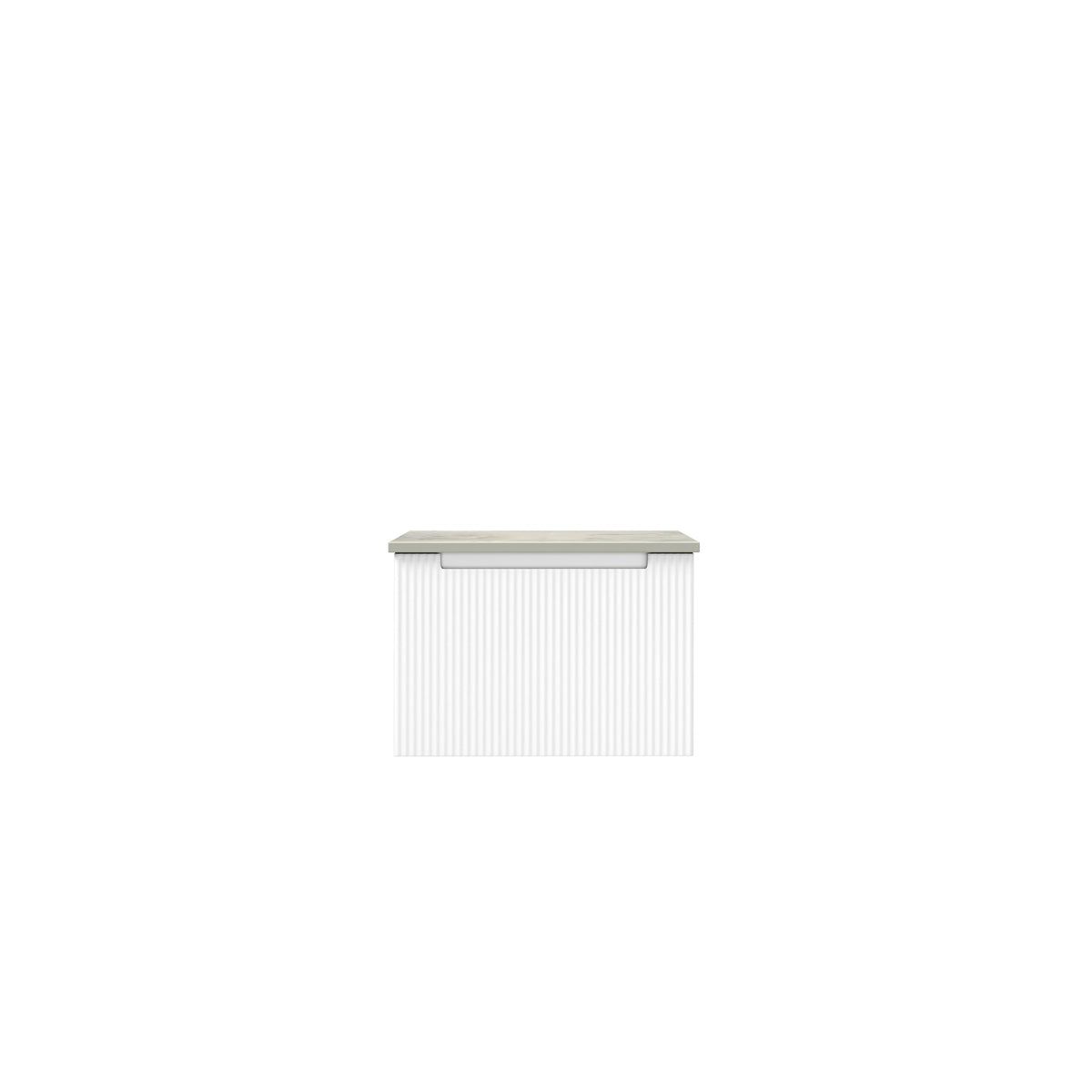 Aulic Perla Mark II wall hung vanity in white with V-groove front and grey ceramic top, front view