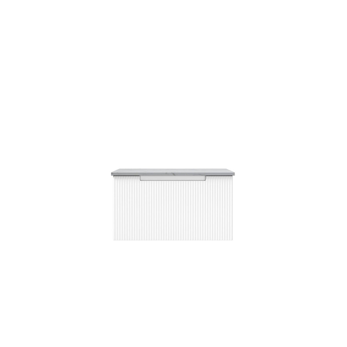 Aulic Perla Mark II white wall hung vanity with V groove fronts and grey top, front view
