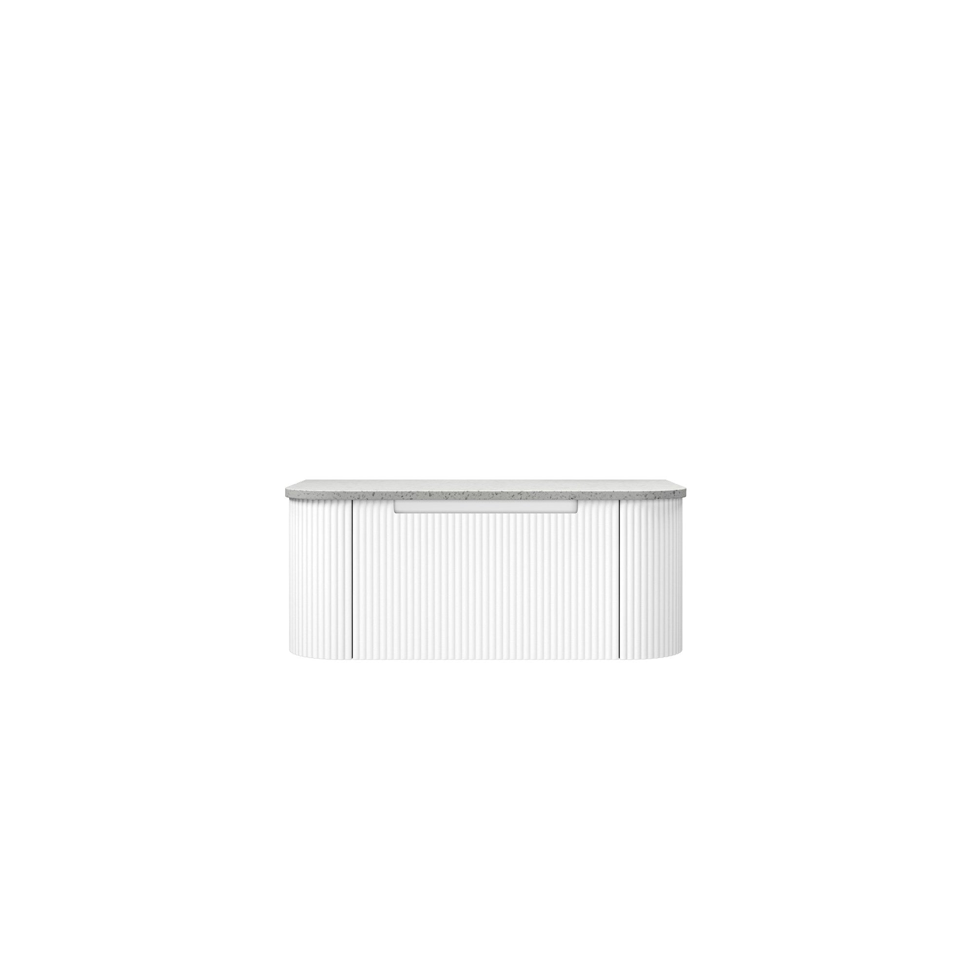 Aulic Petra Mark II 900mm wall hung vanity in matte white with curved fluted fronts and stone-look top
