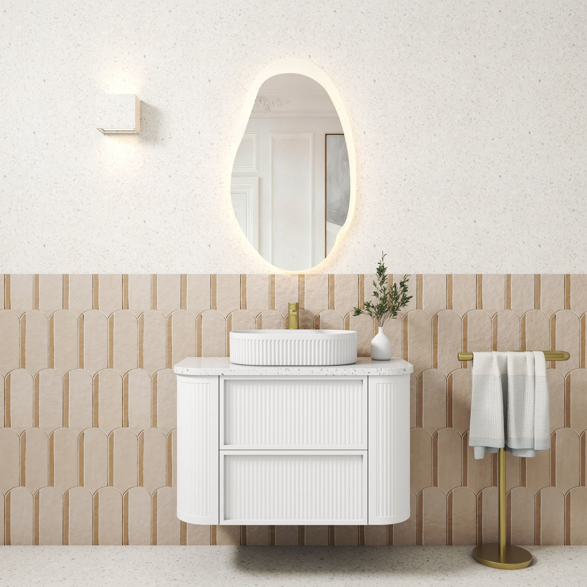White fluted wall-hung vanity with stone top and round basin in a bathroom setting, Aulic Ramee style
