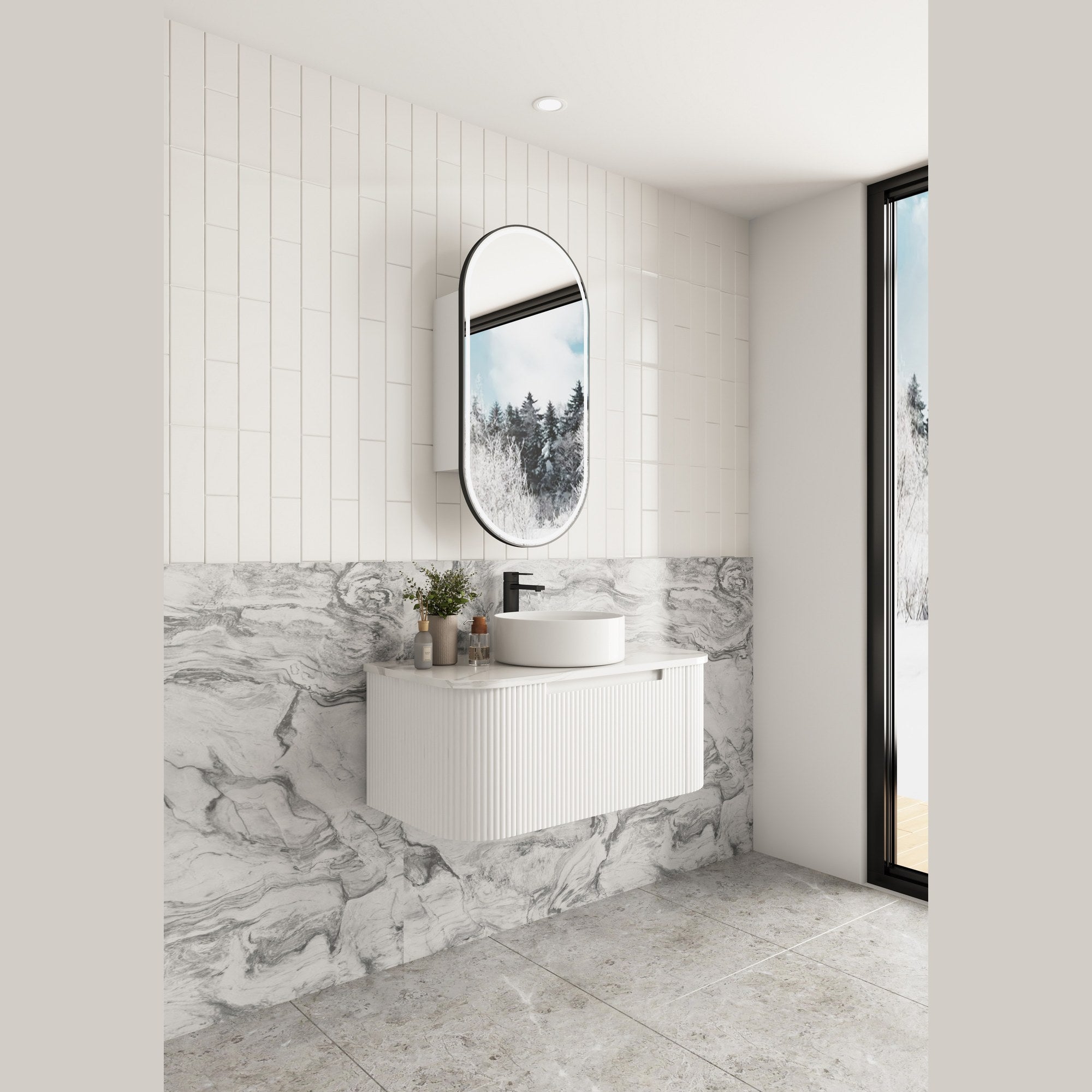 Aulic Savio white wall hung vanity with curved fluted front, round basin and stone-look top in a modern bathroom