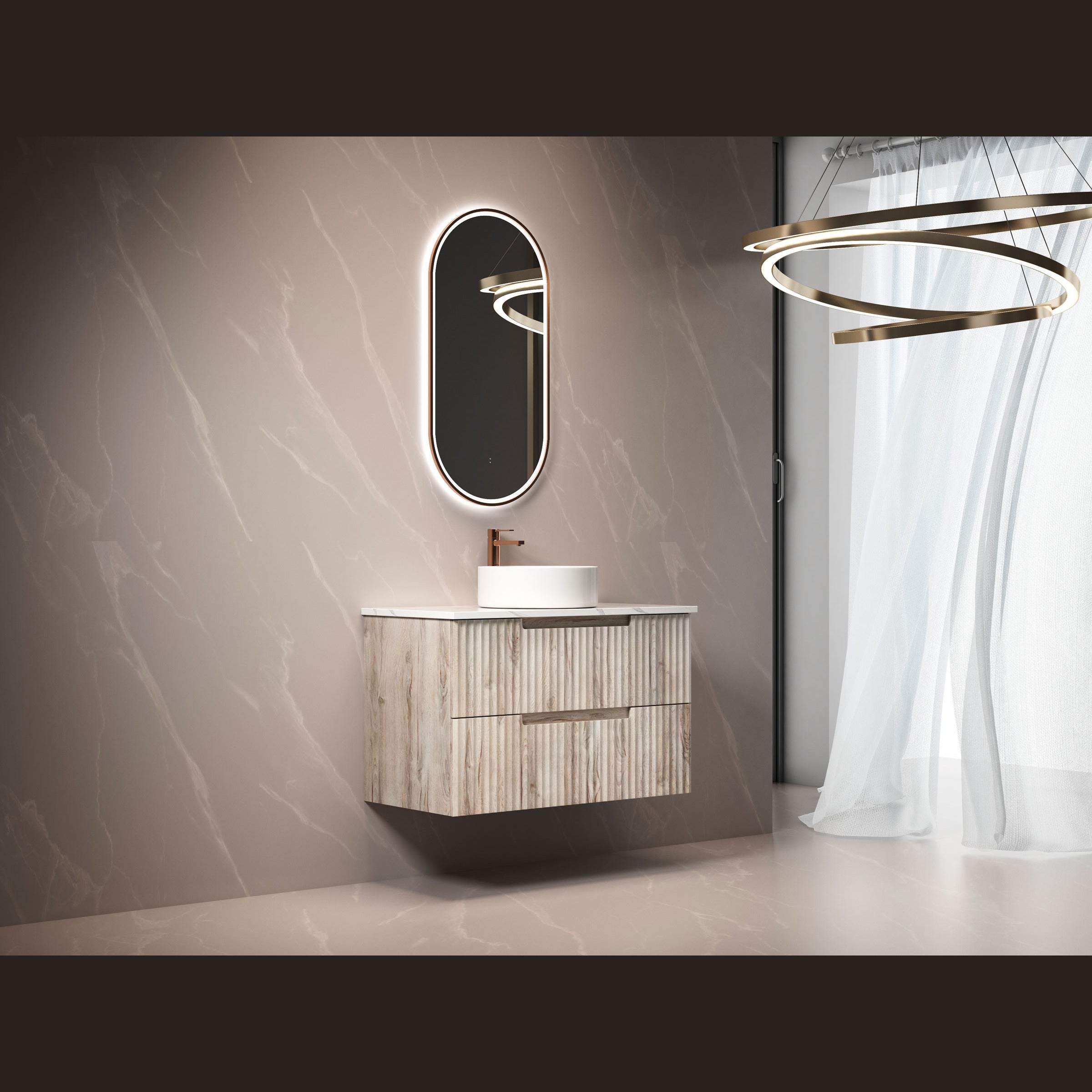 Aulic Tuscana wall hung vanity in woodgrain with fluted drawers and white top, shown in a modern bathroom setting