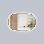 Aulic Valmont horizontal LED mirror with black frame, rounded rectangle shape and soft backlit glow