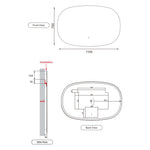 Technical drawing of Aulic Valmont horizontal LED mirror, showing front, side and back views with 1100 x 700 mm dimensions