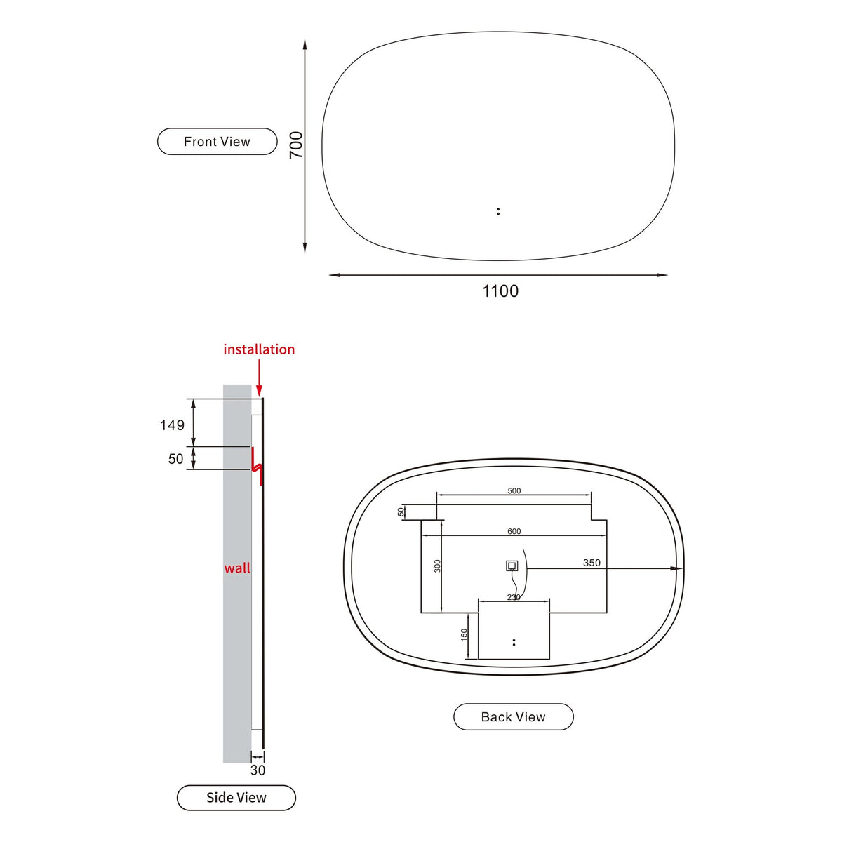 Technical drawing of Aulic Valmont horizontal LED mirror, showing front, side and back views with 1100 x 700 mm dimensions