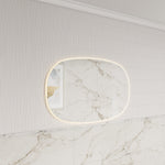 Aulic Valmont horizontal LED mirror with soft rounded corners, lit on a tiled bathroom wall above marble-look tiles
