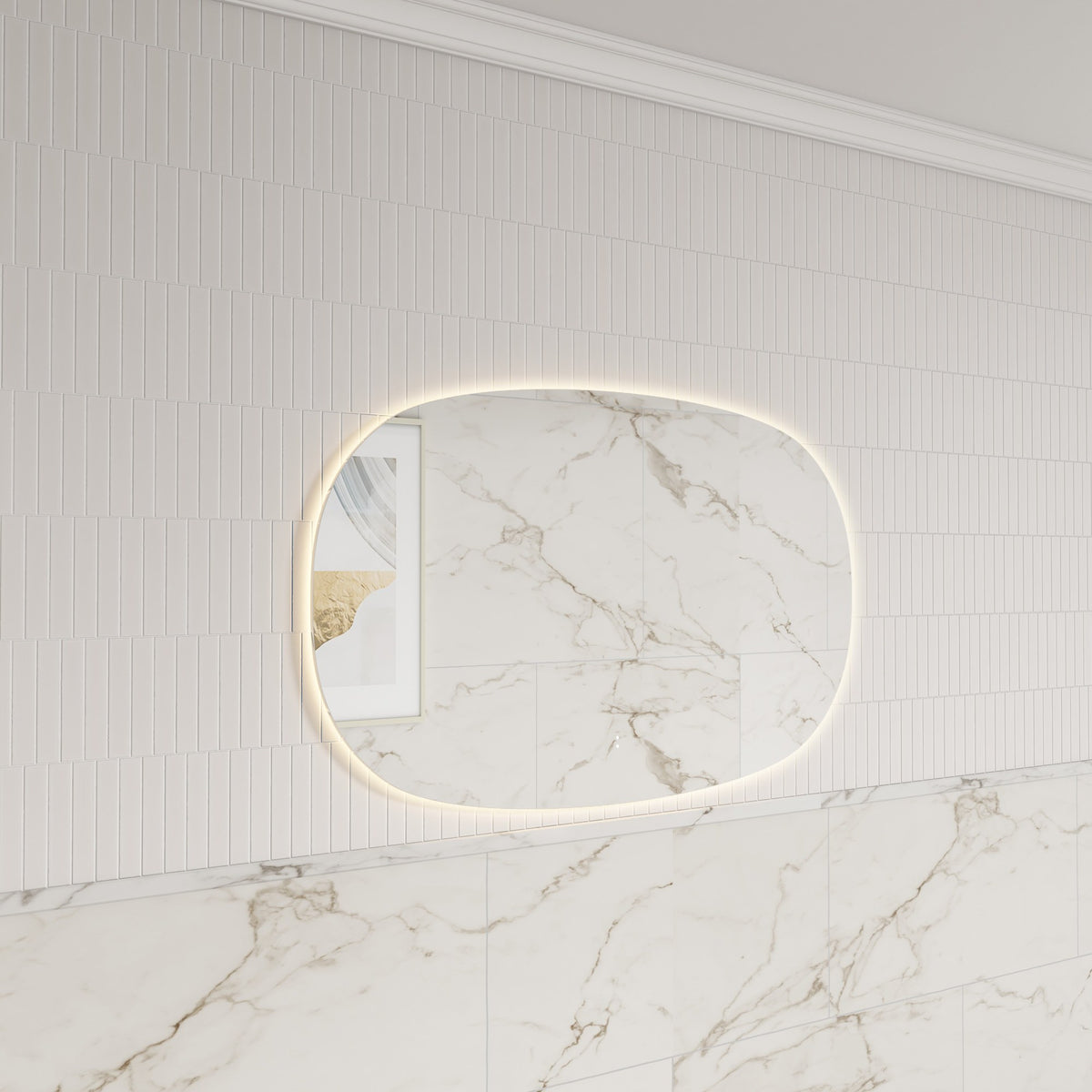 Aulic Valmont horizontal LED mirror with soft rounded corners, lit on a tiled bathroom wall above marble-look tiles