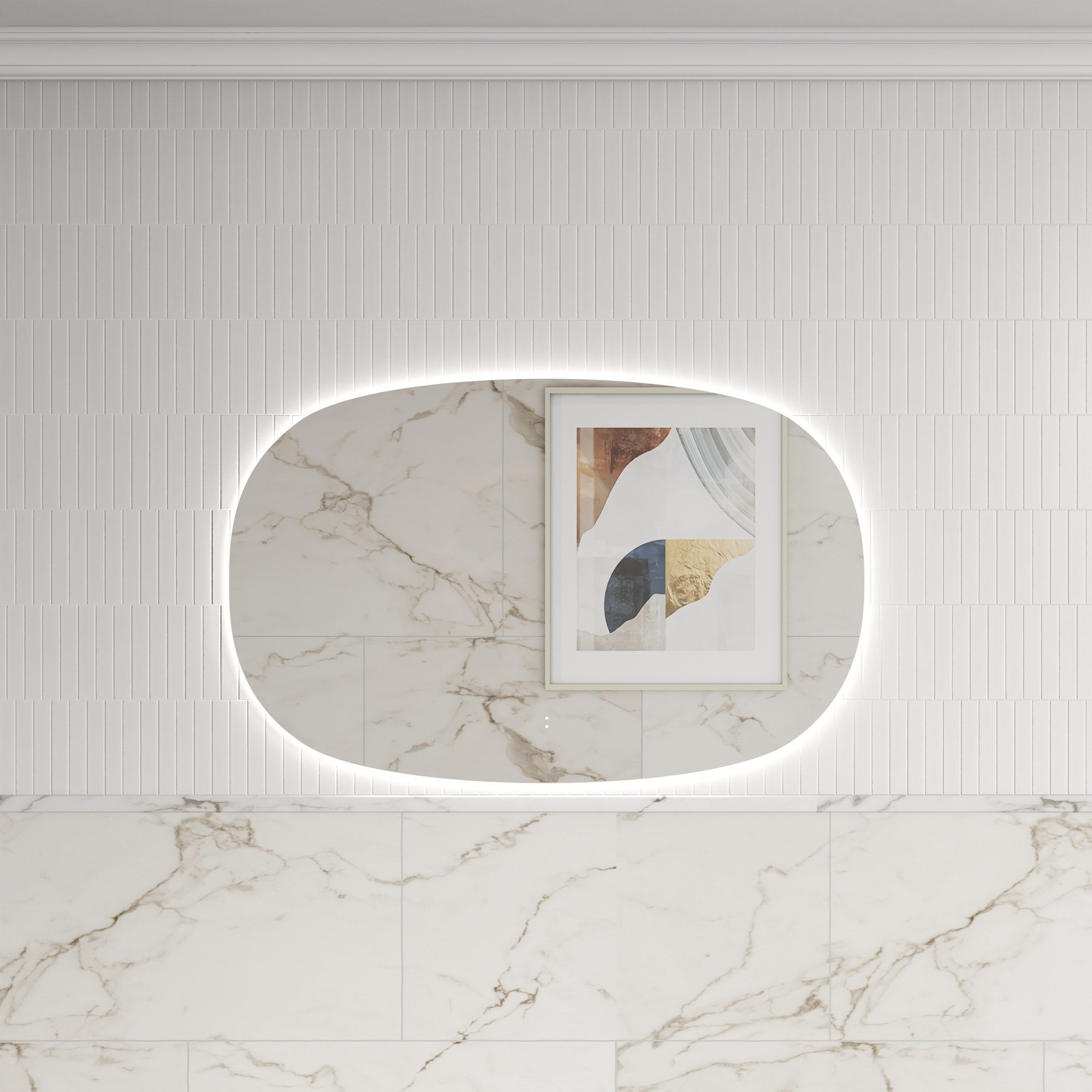 Aulic Valmont frameless horizontal LED mirror with soft rounded rectangle shape and backlit glow above a vanity