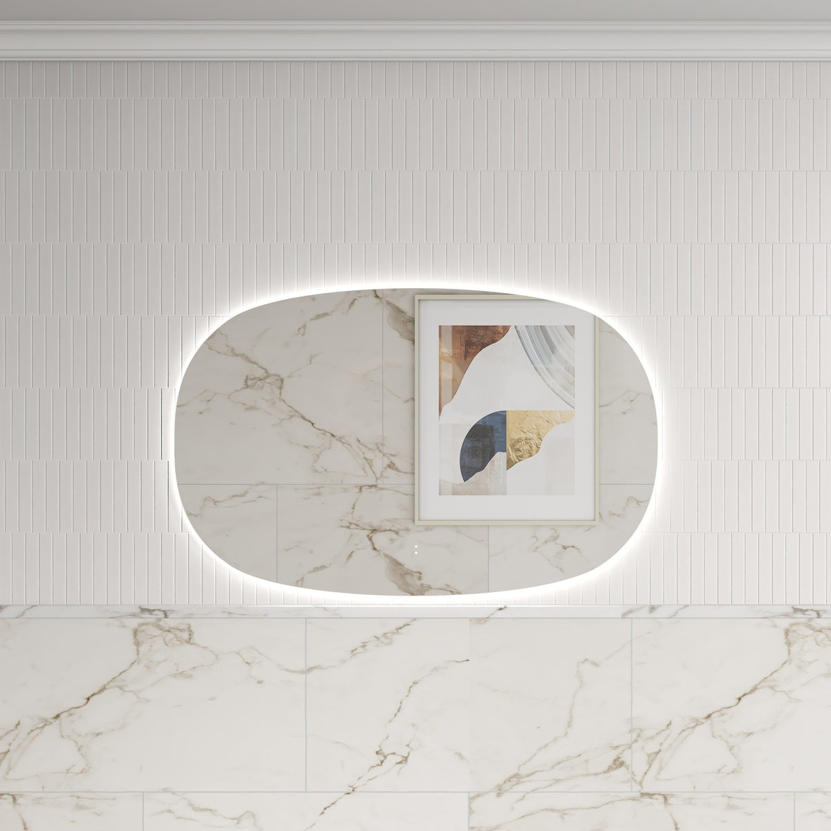 Aulic Valmont frameless horizontal LED mirror with soft rounded rectangle shape and backlit glow above a vanity