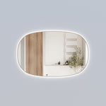 Aulic Valmont horizontal LED mirror, oval rectangle with brushed gold frame, wall-mounted with soft backlit glow