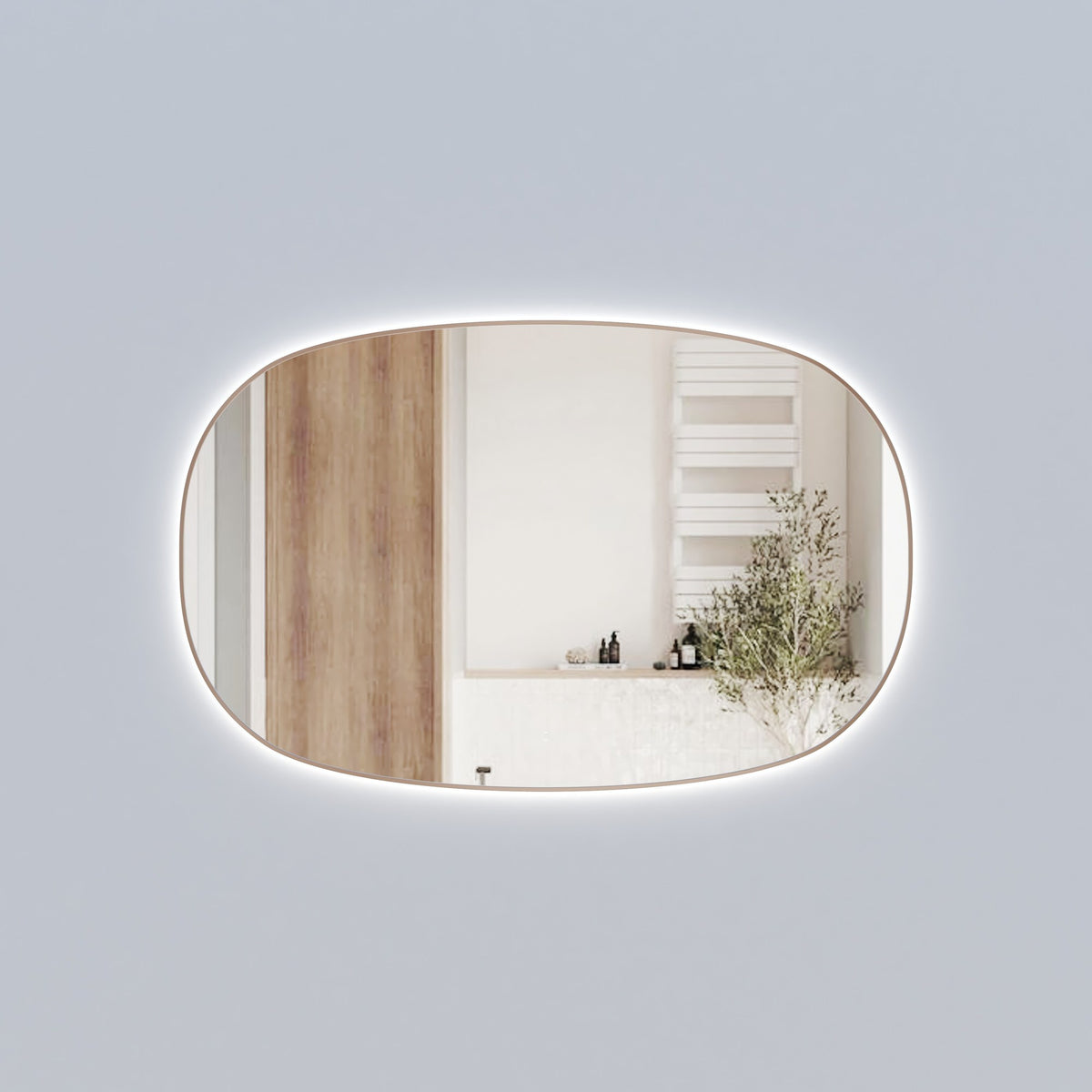 Aulic Valmont horizontal LED mirror, oval rectangle with brushed gold frame, wall-mounted with soft backlit glow