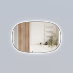 Aulic Valmont horizontal LED mirror with black frame, oval rounded-rectangle shape and soft backlit glow
