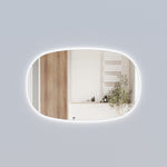 Aulic Valmont horizontal LED mirror with rounded rectangle shape, backlit glow and frameless finish in a bathroom setting