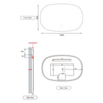 Aulic Valmont horizontal LED mirror technical drawing, front, side and back views, 1400 x 900mm, oval-rectangle shape