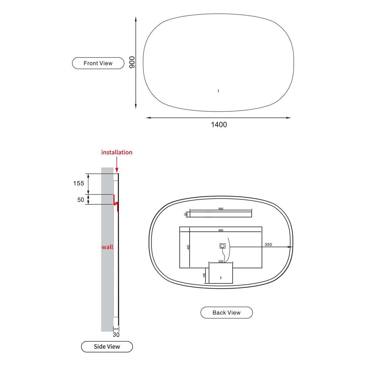 Aulic Valmont horizontal LED mirror technical drawing, front, side and back views, 1400 x 900mm, oval-rectangle shape