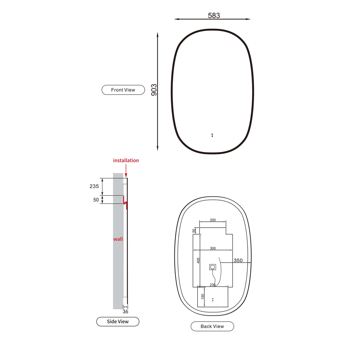 Aulic Valmont vertical LED mirror technical drawing, front, side and back views with 583mm x 903mm dimensions in brushed nickel.
