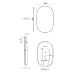Aulic Valmont vertical LED mirror technical drawing, 580 x 900mm tall rounded rectangle, front, side and back views