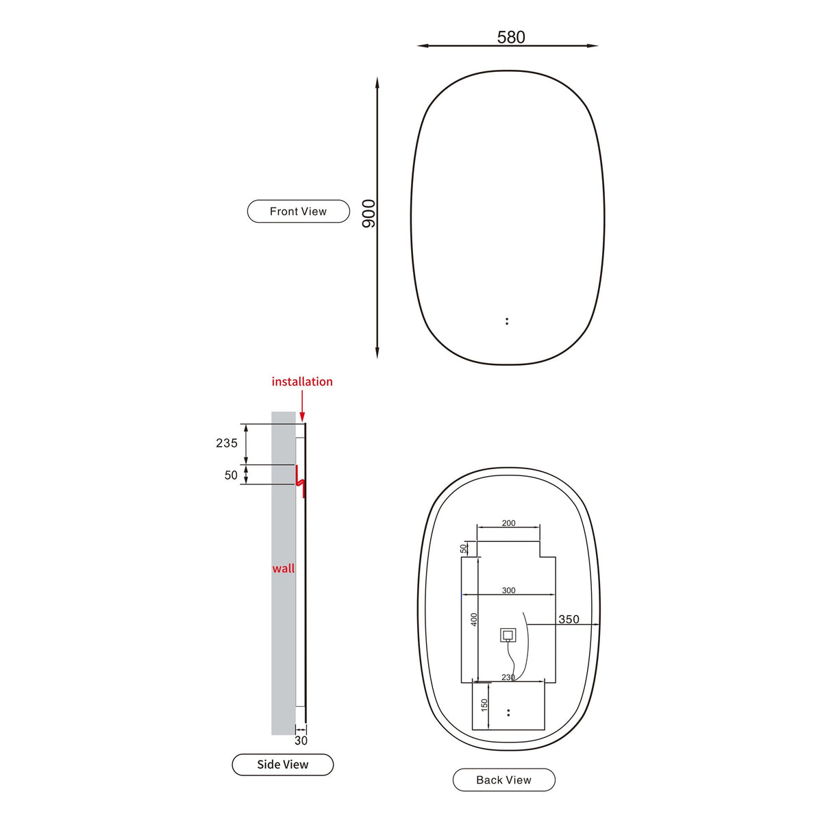 Aulic Valmont vertical LED mirror technical drawing, 580 x 900mm tall rounded rectangle, front, side and back views