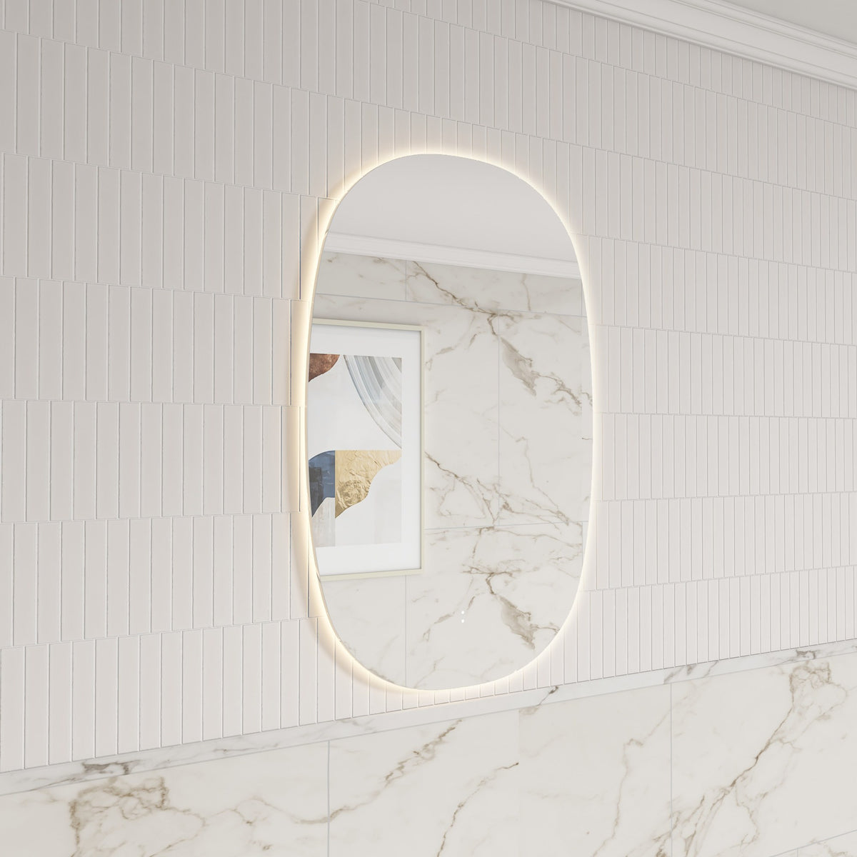 Aulic Valmont vertical LED mirror with rounded rectangle shape, shown wall mounted with soft backlit glow in a tiled bathroom