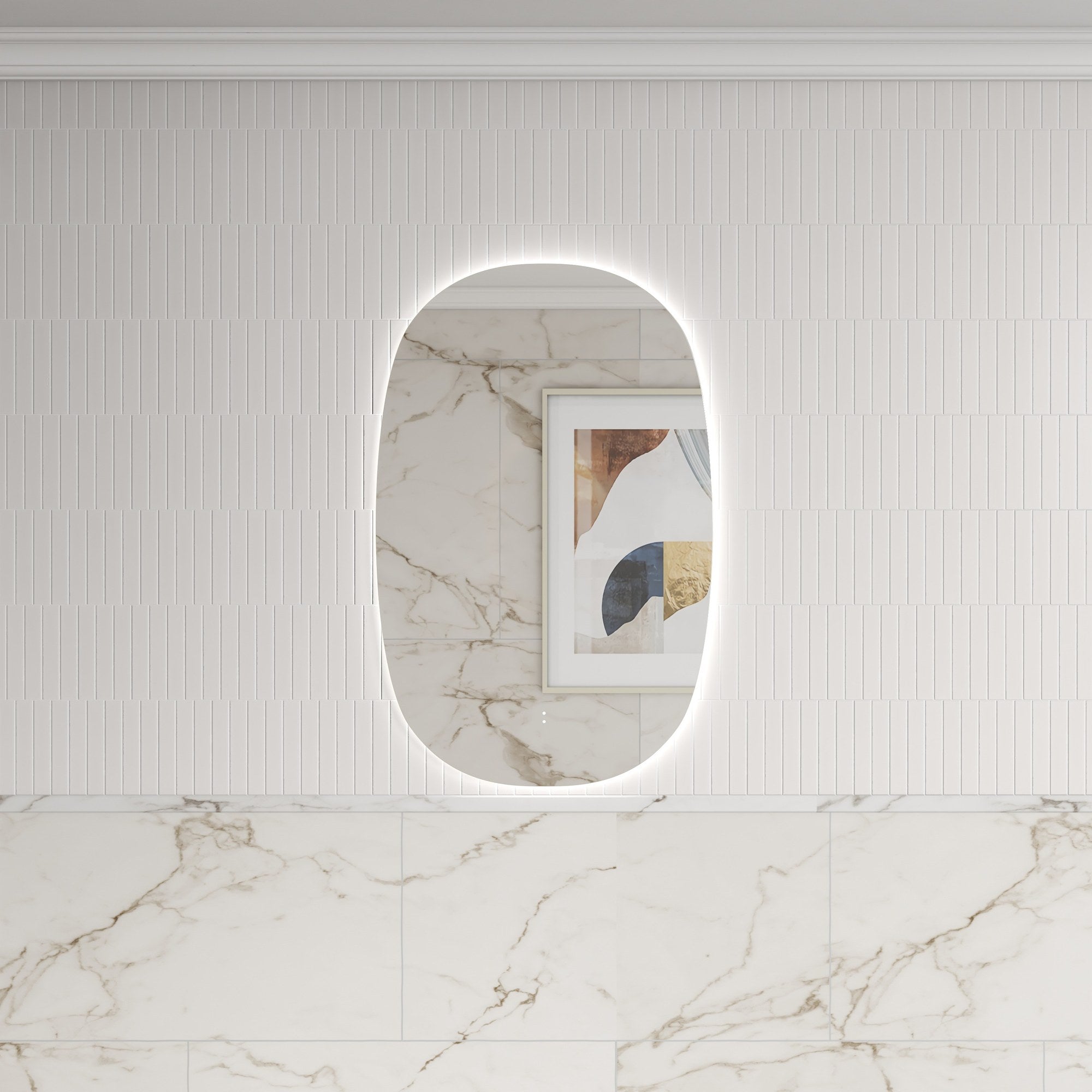 Aulic Valmont frameless vertical LED mirror with rounded-rectangle shape and backlit glow on a tiled wall