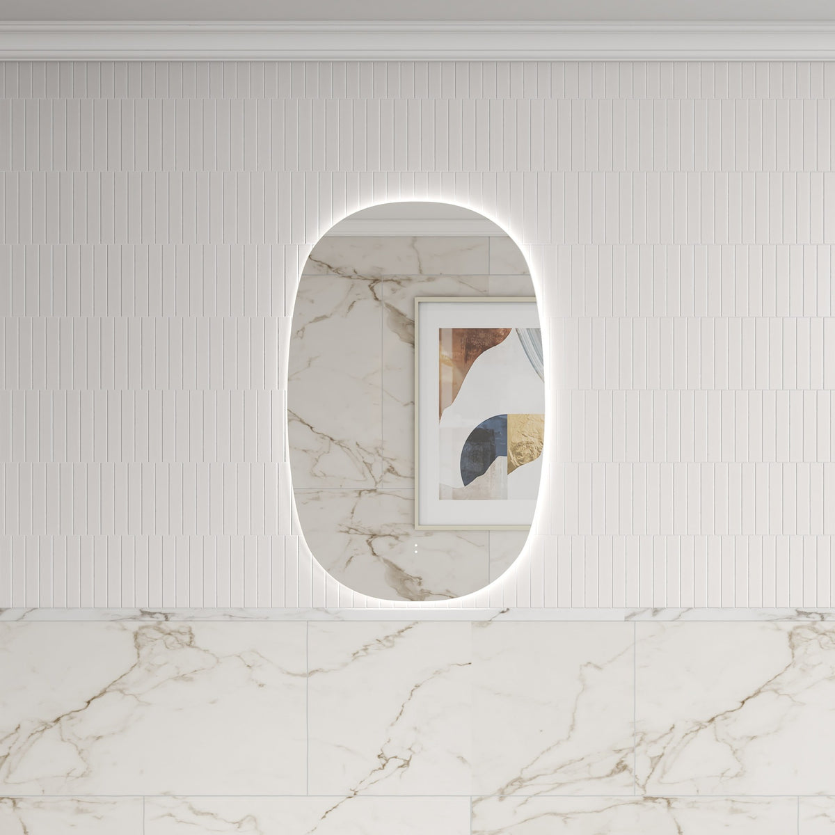 Aulic Valmont frameless vertical LED mirror with rounded-rectangle shape and backlit glow on a tiled wall