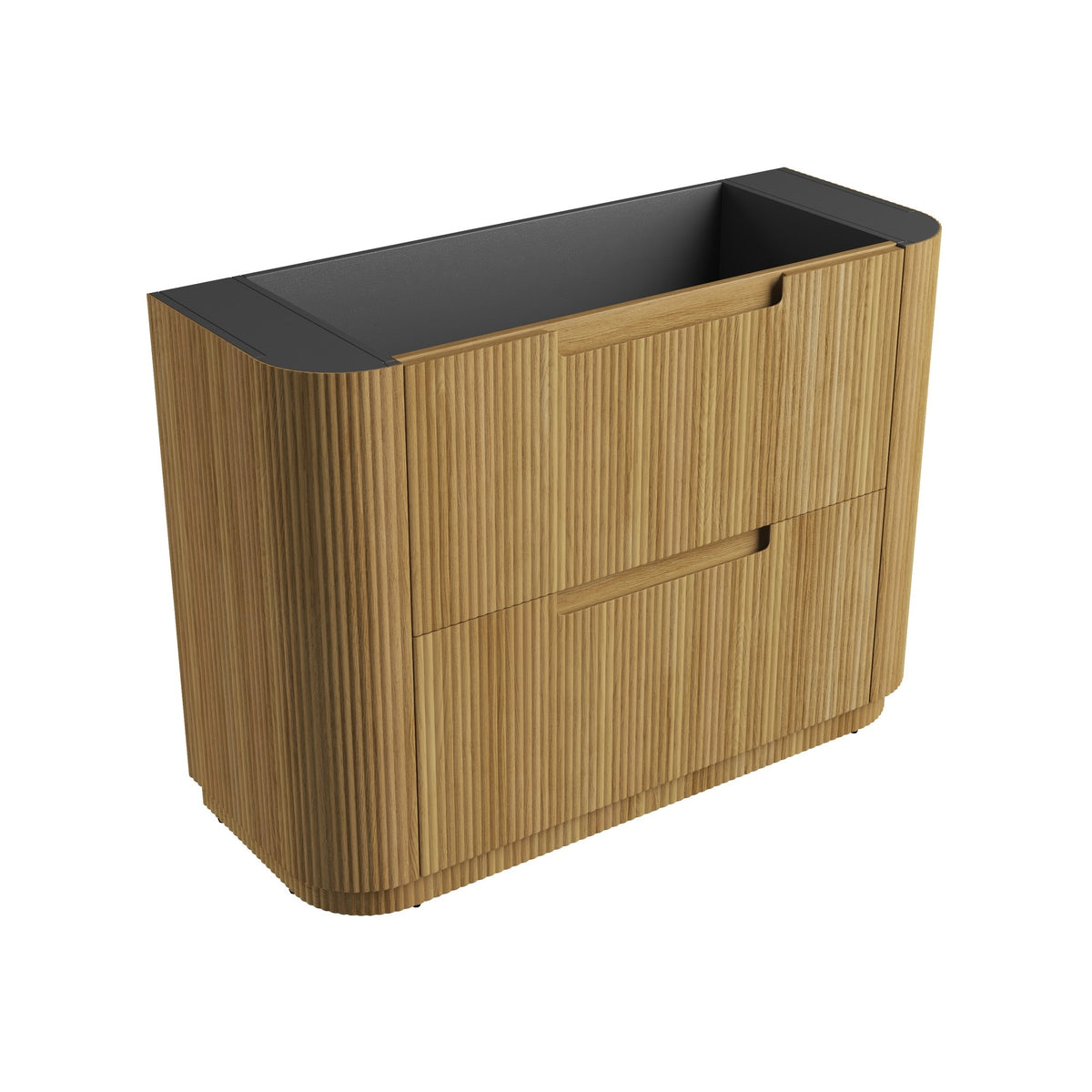 Aulic Varcelli Curve floor standing vanity in Harvest Oak woodgrain with black top and curved ends, angled view