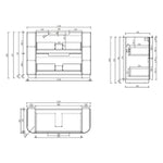 Aulic Varcelli freestanding vanity technical drawing with dimensions, curved ends and drawer layout, 900mm wide Stone top