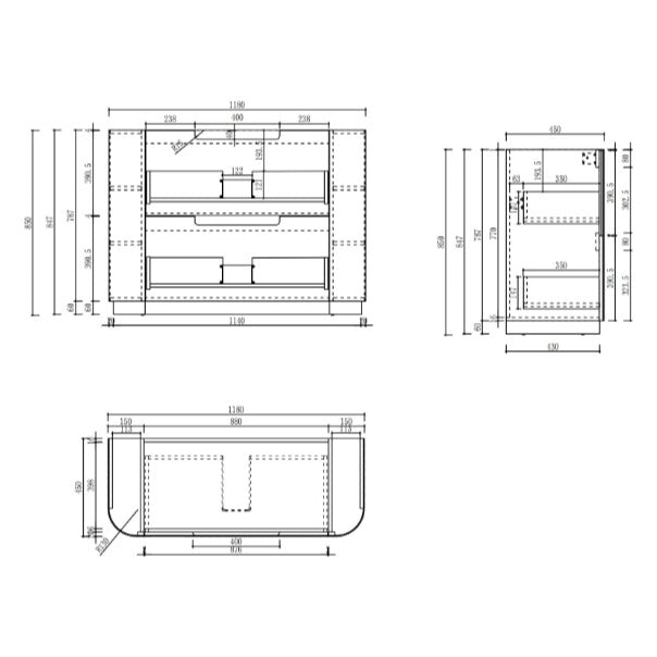 Aulic Varcelli freestanding vanity technical drawing with dimensions, curved ends and drawer layout, 900mm wide Stone top