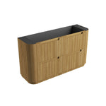 Aulic Varcelli Curve floor standing vanity in Harvest Oak with black top, curved ends and handleless drawers