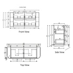 Technical drawing of Aulic Varcelli Curve floor standing vanity, showing front, top and side views with dimensions and curved ends