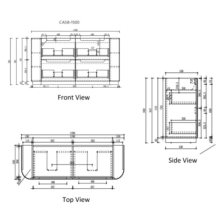 Technical drawing of Aulic Varcelli Curve floor standing vanity, showing front, top and side views with dimensions and curved ends