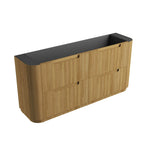 Aulic Varcelli freestanding vanity in Harvest Oak woodgrain with curved ends and graphite top, angled view