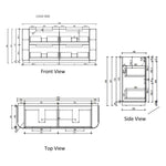Technical drawing of Aulic Varcelli 1800mm floor standing vanity, front, top and side views with dimensions and double bowl layout