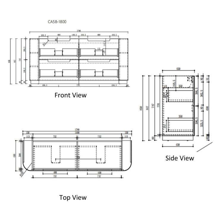 Technical drawing of Aulic Varcelli 1800mm floor standing vanity, front, top and side views with dimensions and double bowl layout