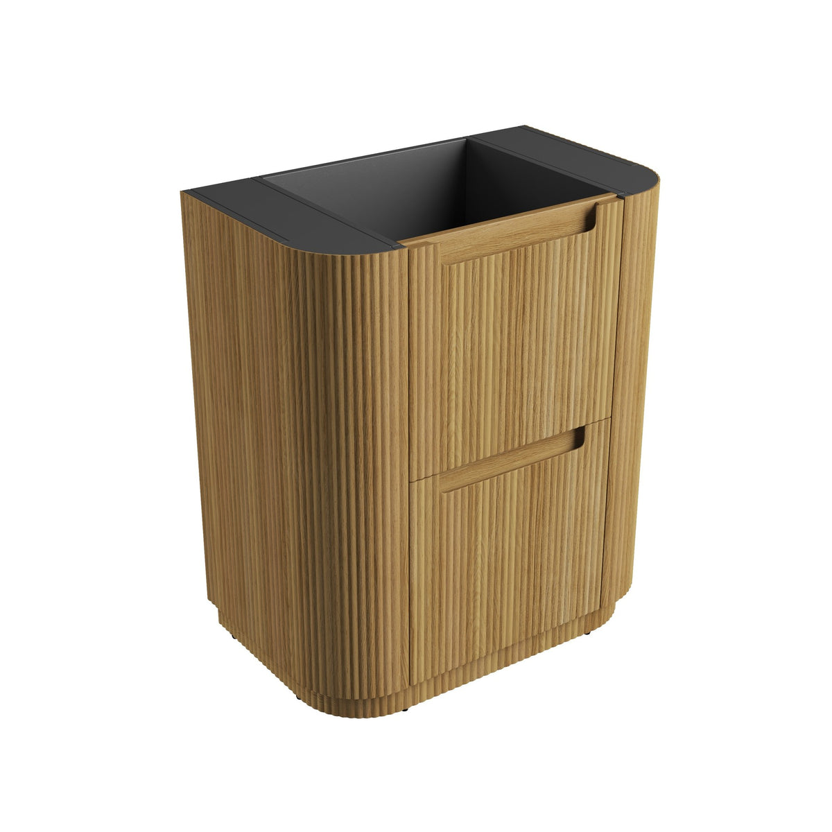 Aulic Varcelli Curve floor standing vanity in Harvest Oak with curved ends and black top, front view