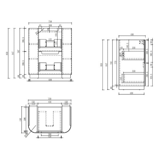 Aulic Varcelli Curve 900mm floor standing vanity technical drawing, no top, with rounded ends and drawer layout
