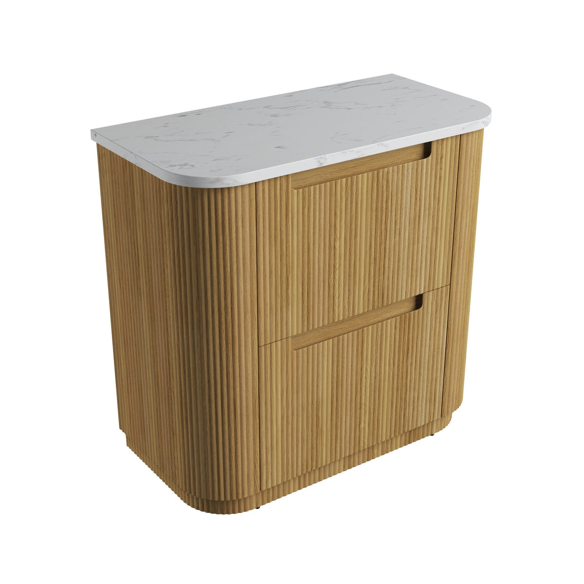 Aulic Varcelli Curve floor standing vanity with Alpine White stone top and Harvest Oak woodgrain drawers, angled view