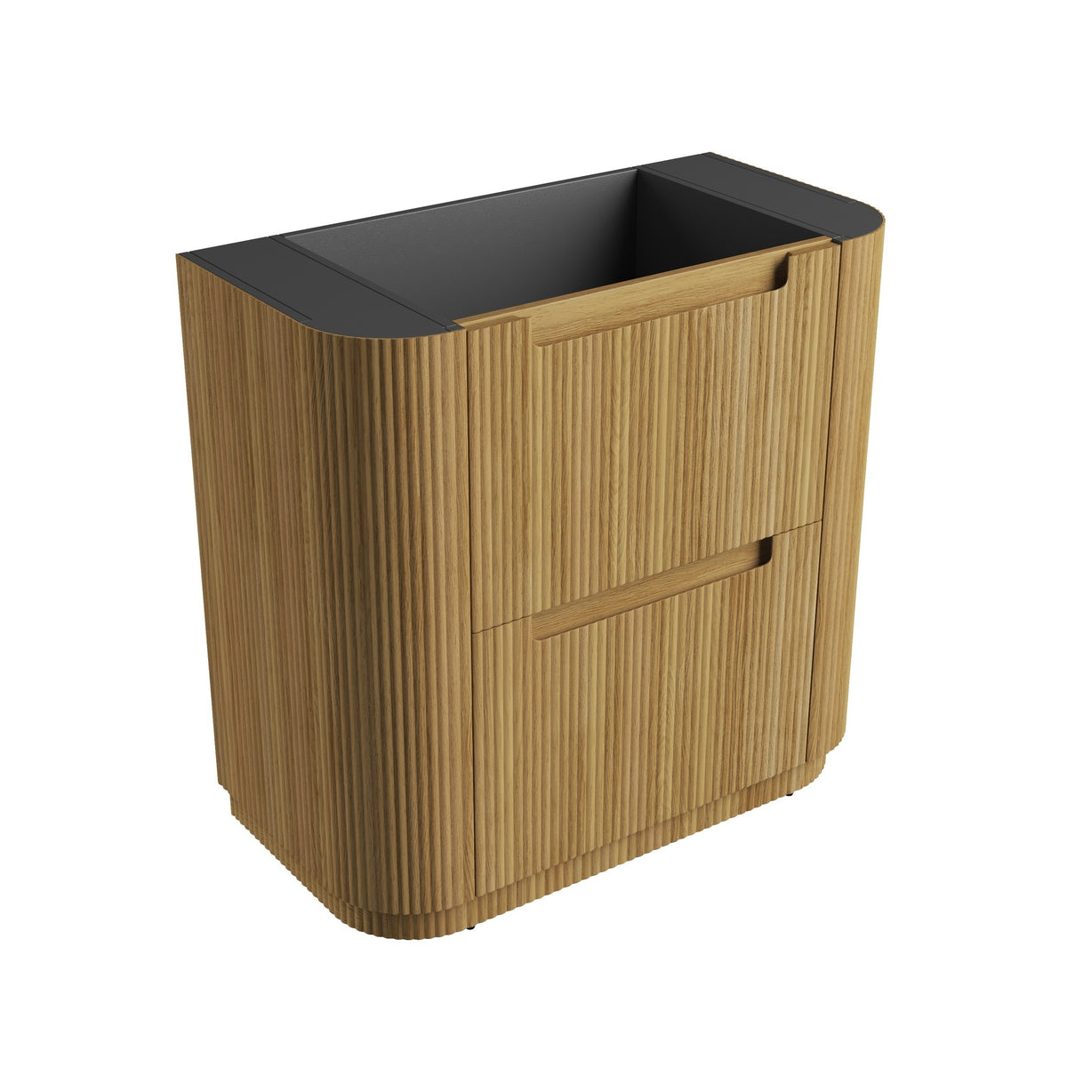 Aulic Varcelli Curve floor standing vanity cabinet, woodgrain Harvest Oak with curved ends and no top, front view