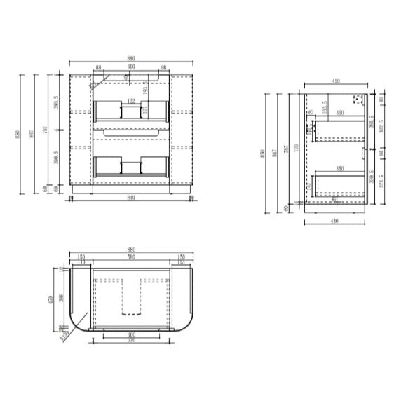 Aulic Varcelli floor standing vanity technical drawing, 900mm, front and side dimensions with curved ends