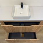 Aulic Varcelli floor standing vanity in woodgrain with Snow stone top, square basin and open drawers