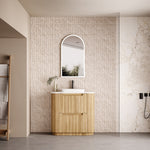 Aulic Varcelli Curve floor standing vanity in Harvest Oak woodgrain, with curved ends and no top shown
