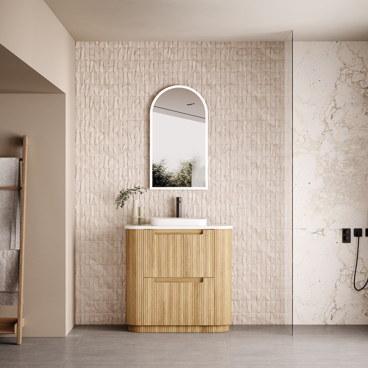 Aulic Varcelli Curve floor standing vanity in Harvest Oak woodgrain, with curved ends and no top shown