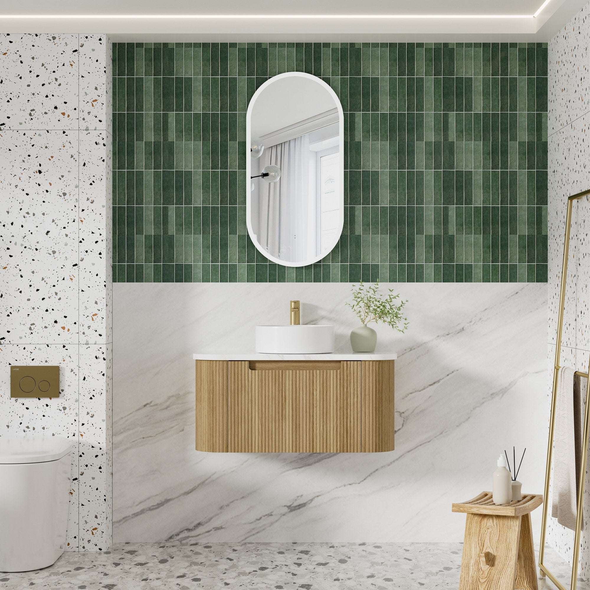 Aulic Harvest Oak wall hung vanity with fluted curved drawer, white top and round basin in a modern bathroom setting