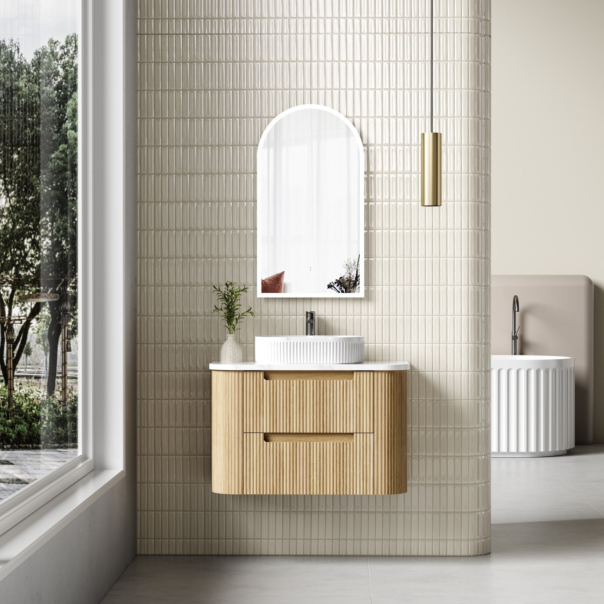 Aulic Varcelli Tier 900mm wall hung vanity in Harvest Oak with curved fluted drawers and white stone top in a bathroom setting