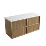 Aulic Venetta fluted wall hung vanity in Harvest Oak woodgrain with white stone top, angled front view
