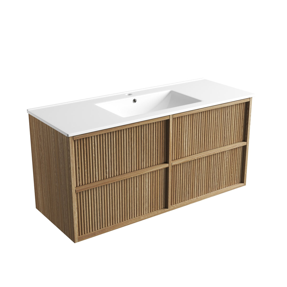 Aulic Venetta wall hung vanity with Alpine White stone top, Harvest Oak fluted drawers and single basin cut-out, angled view