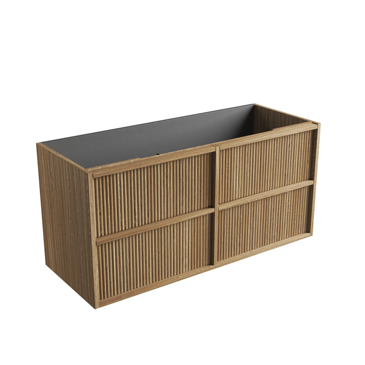 Aulic Venetta wall hung vanity cabinet, Harvest Oak woodgrain, fluted drawer fronts, angled view without top or basin