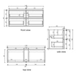Aulic Venetta 1180mm wall hung vanity technical drawing, front, top and side views with dimensions, crystal ceramic top option