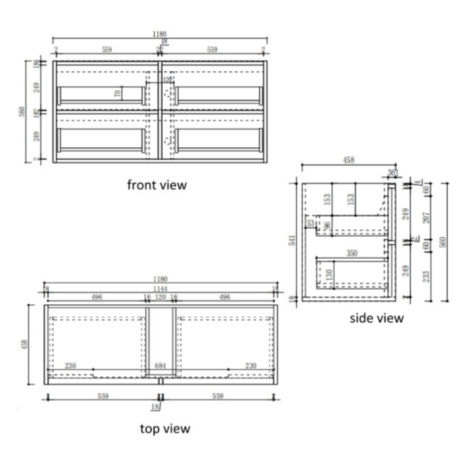 Aulic Venetta 1180mm wall hung vanity technical drawing, front, top and side views with dimensions, crystal ceramic top option